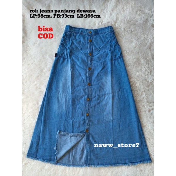 Rok jeans premium rempel dewasa kancing panjang/rok jeans pinggang karet bawah kerut dewasa-birumuda rawis