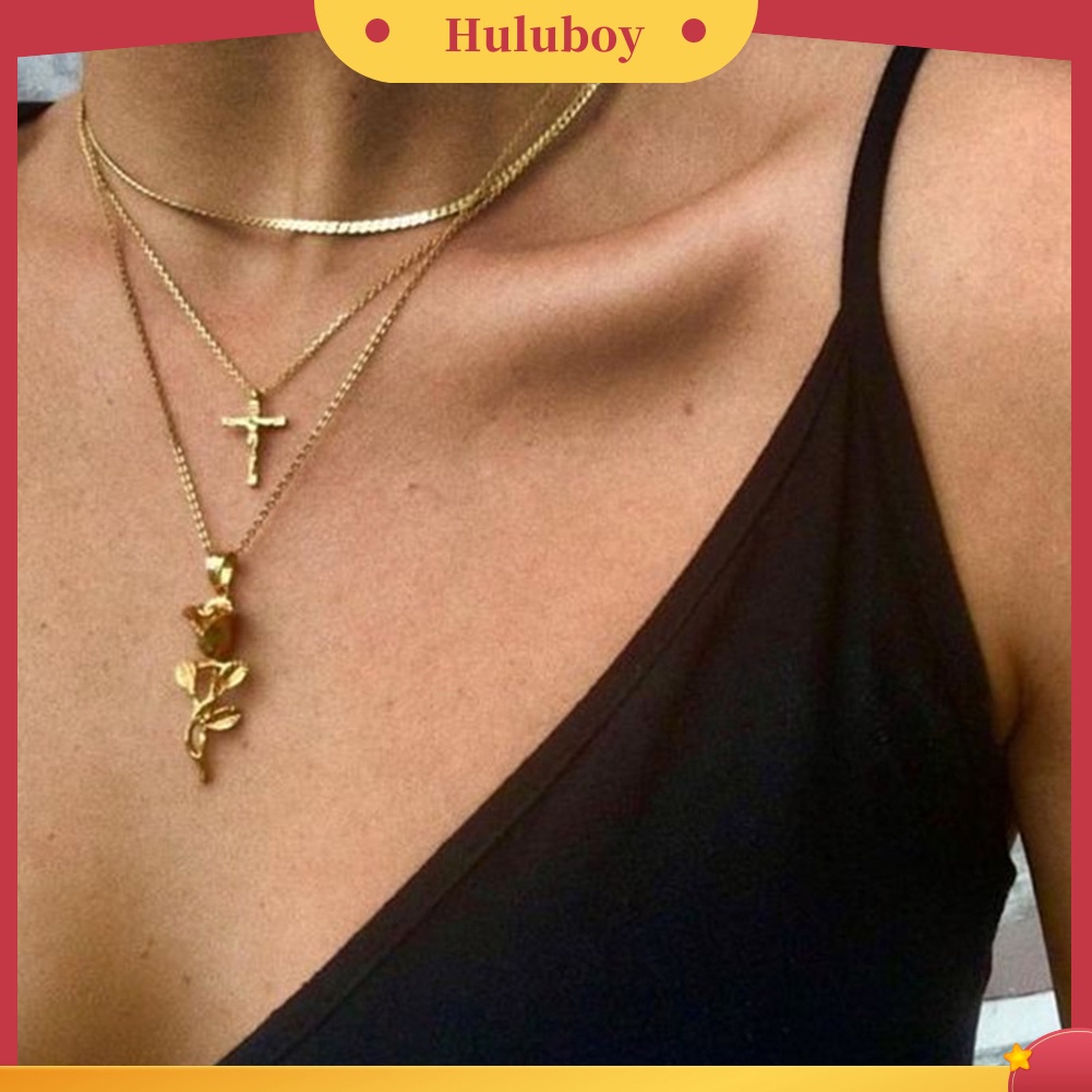 Hu Hu Hu Hu Hu Alat Bantu Pasang Kacamata♡ Kalung Rantai Multi Layer Liontin Salibbunga Mawar Warna Gold Gaya Boho Untuk Wanita