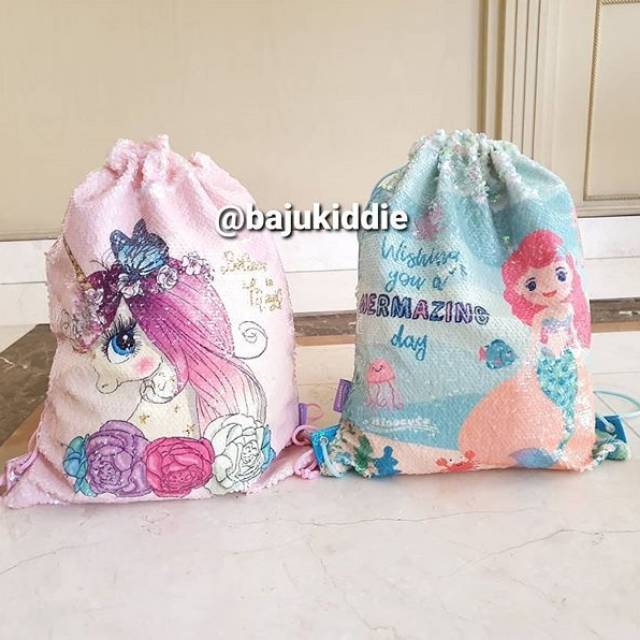 TAS SERUT MOTIF UNICORN / MERMAID REVERSE SEQUIN STRING BAG (SEQUIN BISA BOLAK BALIK) IMPORT BAGUS