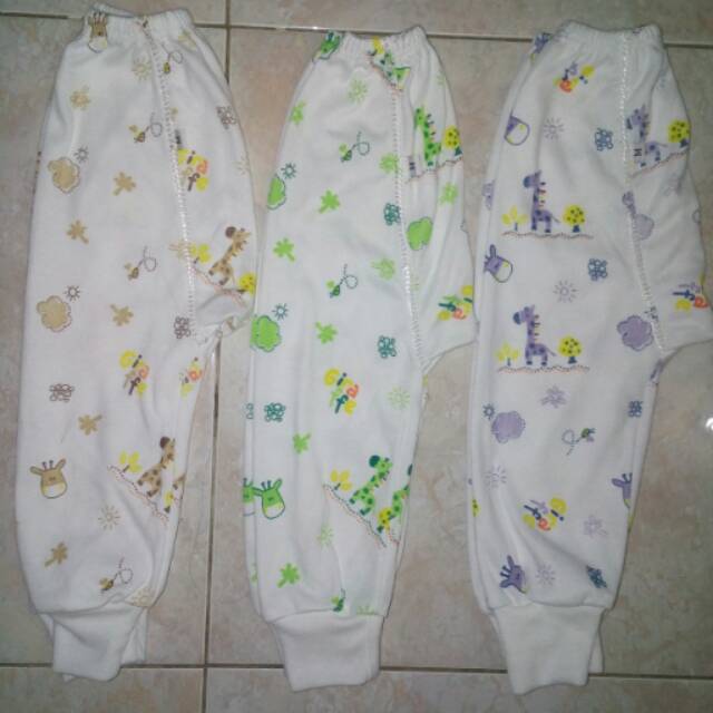 12 pcs / 1 lusin Celana Panjang Bayi Buka Kaki Putih Motif