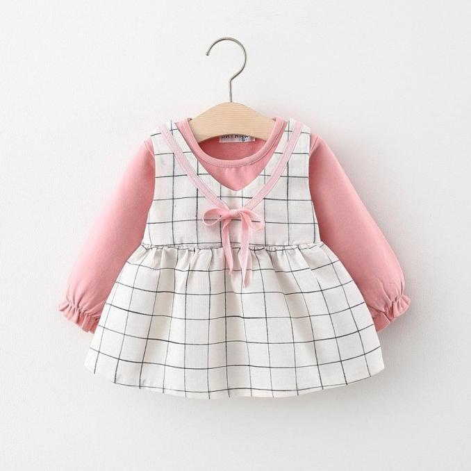 Dress Bayi Perempuan 0-36 Bulan Motif Pink Kotak /Dress Anak Gaun Bayi