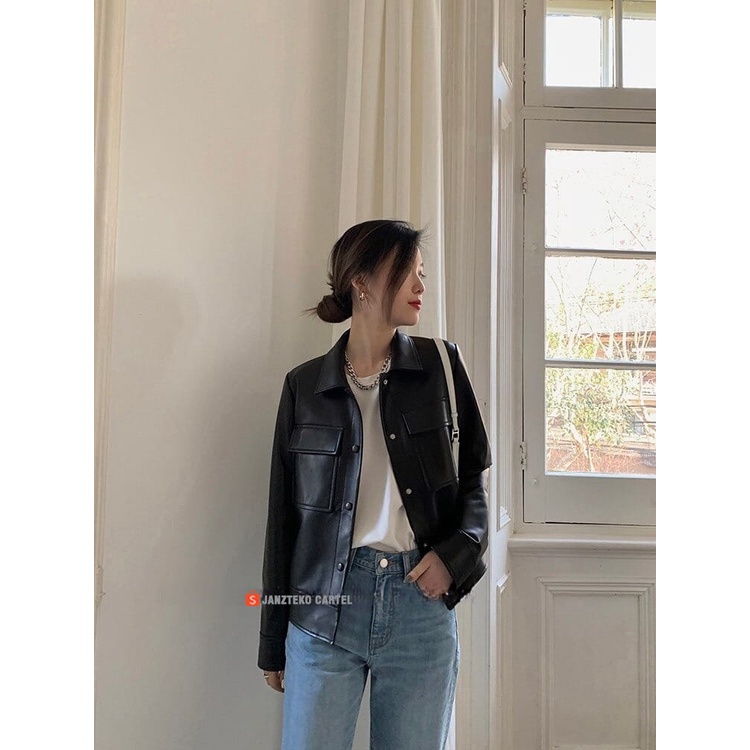 JNK x ELMA - Jaket Kulit Casual Pria Wanita Leather Jacket Synthetic Reguler Premium Trendy Cewek Cowok Perempuan Laki Laki OOTD Viral Korean Style Musim Semi Musim Gugur Mantel Pakaian Ramping Pengendara Sepeda Korea Dual Pocket Oversize Kekinian Modern