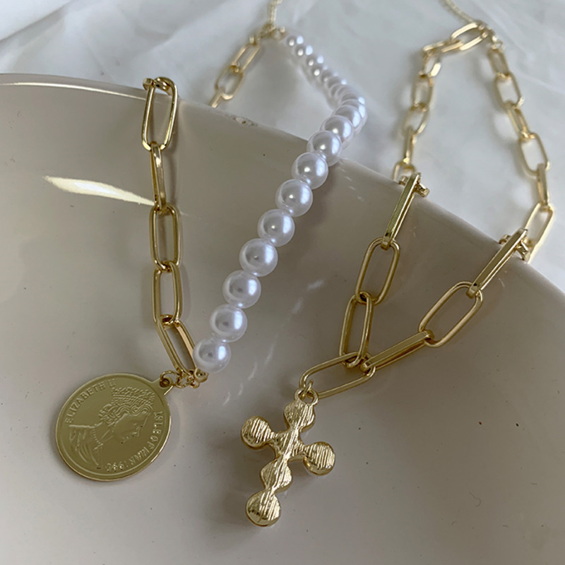 Kalung Rantai Mutiara Model Double Cross Gaya Retro Untuk Aksesoris