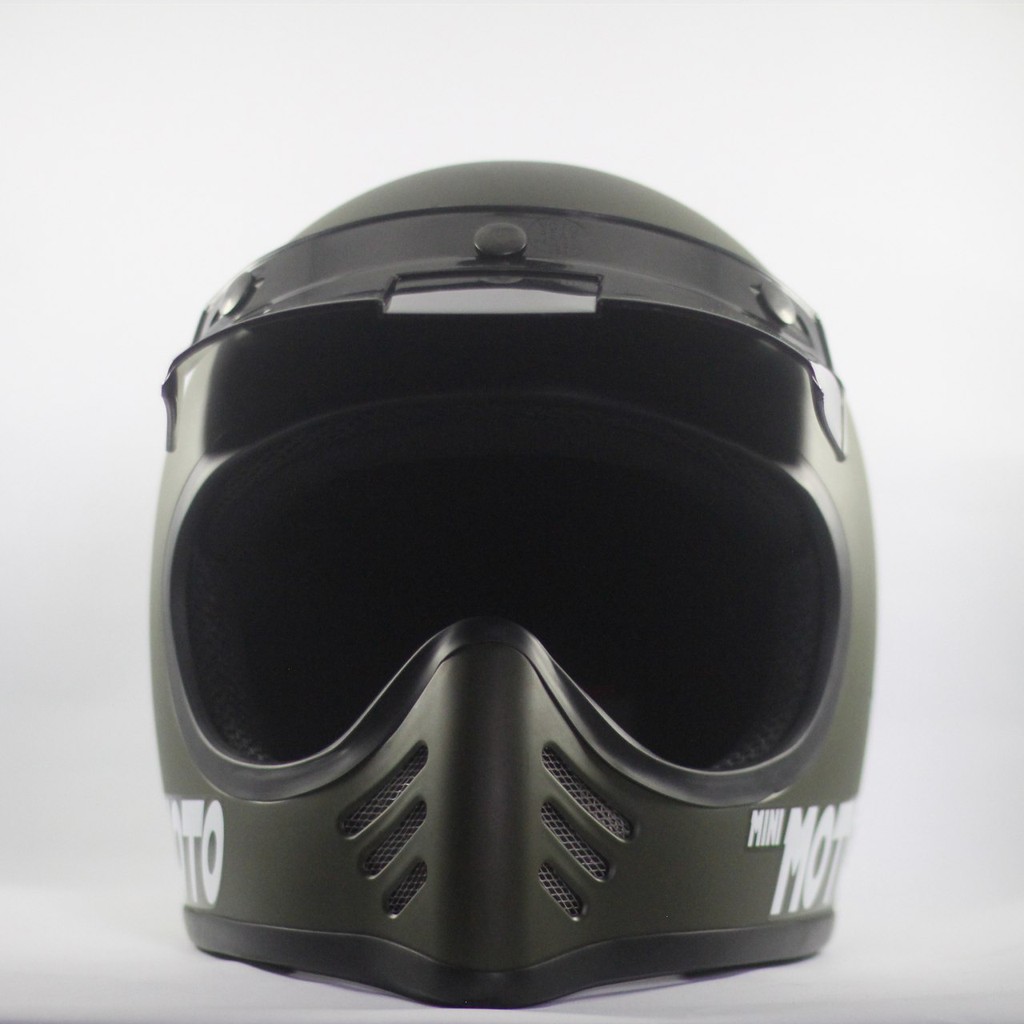 Helm Cakil Mini Moto 3 Enduro Trail Green Army Doff (Vintage / Retro / Bogo / Klasik / Classic )