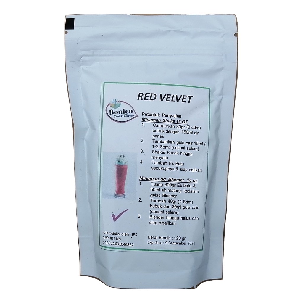 

Bubuk minuman rasa RED VELVET 120gr drink powder milk shake Bonico tepung serbuk bubuk minuman kekinian instan ice blend coklat bit grosir distributor produsen drinkmix