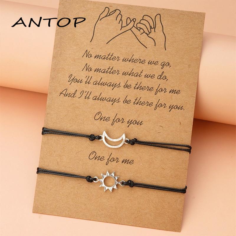 2pcs Gelang Couple Hitam Pasangan Adjustable Bulan Dan Matahari Gelang Persahabatan Tali Lilin Aksesoris Untuk Pria Dan Wanita ANTOP