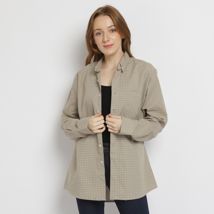 ZAHRET Gingham kemeja kotak oversized shirt outer wanita cewek - Biru, L