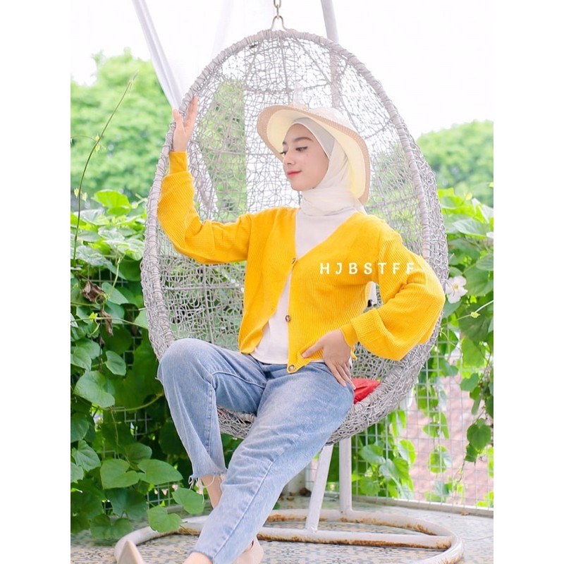 GFS Balona Cardigan Rajut Wanita Lengan Balon all size (ld 100-114)-Mustard
