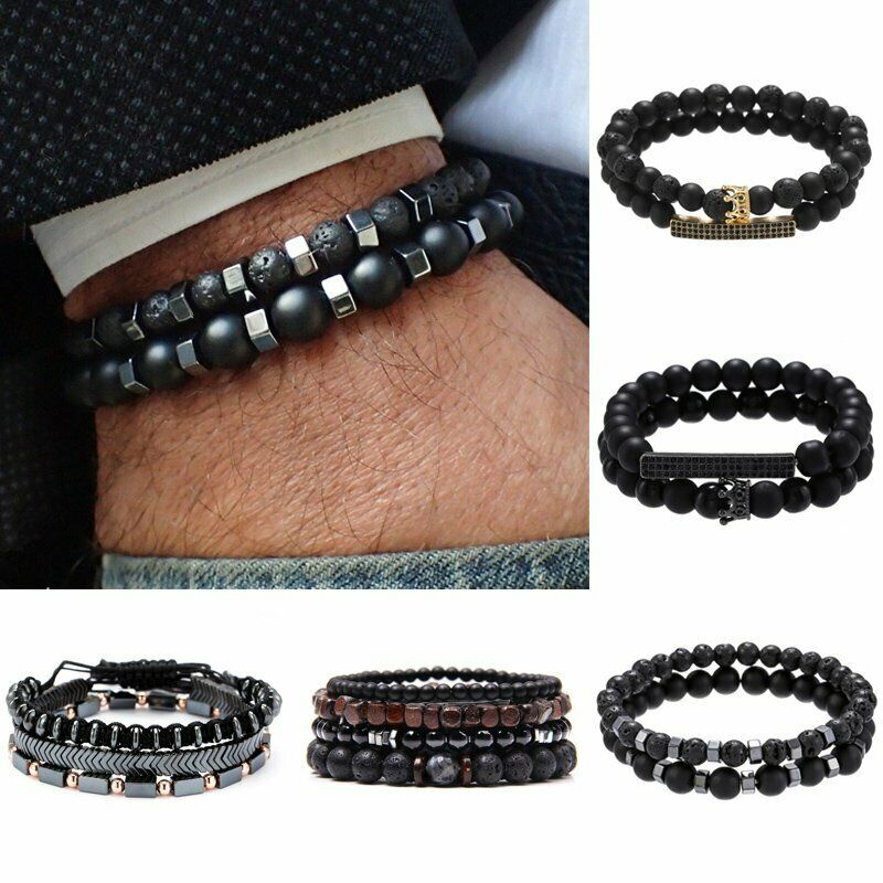 3pcs Gelang Manik-Manik Batu Hematite Warna Hitam Untuk Pria