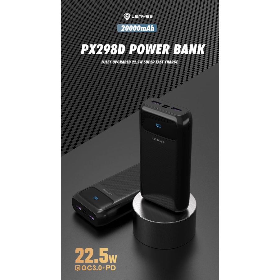 LENYES PX298D Powerbank 20000mAh 22.5W QC3.0 + PD 20W SUPER QUICK FAST CHARGING digital display indicator real capacity power bank original