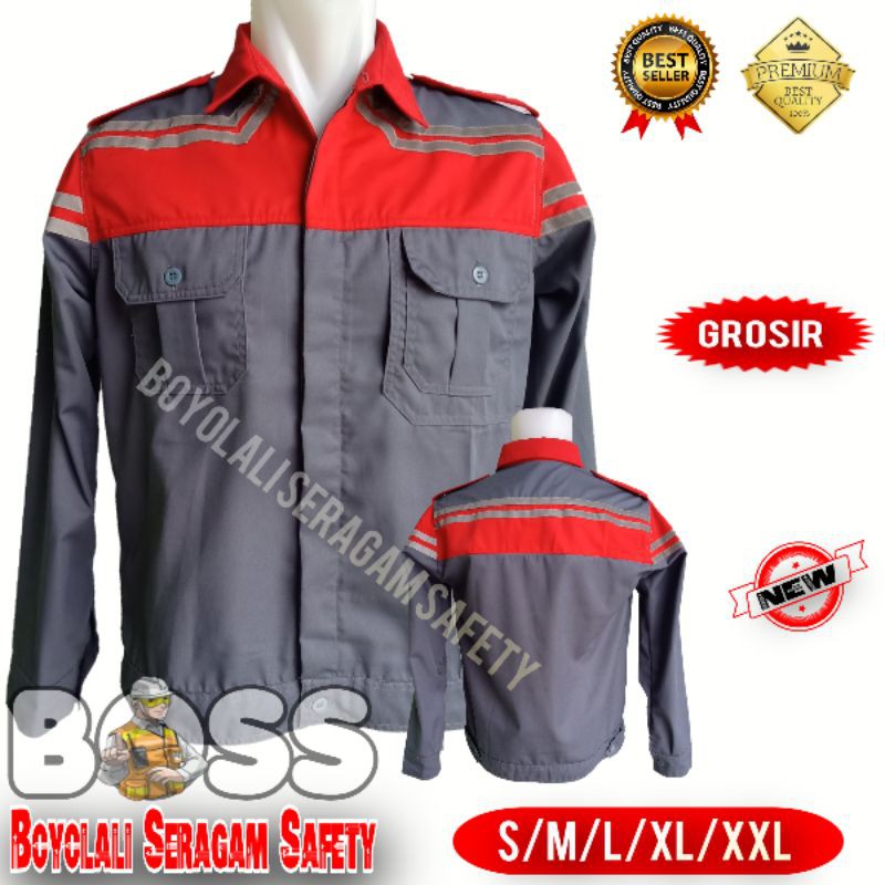 BAJU SERAGAM SAFETY PROYEK KOMBINASI ABU MERAH-BAJU SAFETY TERBARU-BAJU KERJA SAFETY KEREN