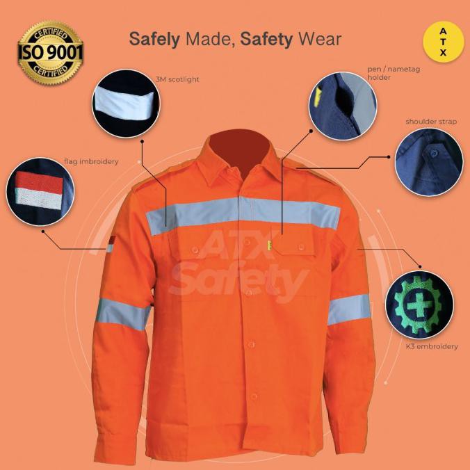 Wearpack Safety Baju Safety Baju Kerja ATX Bordir K3 dan Bendera - Orange, M