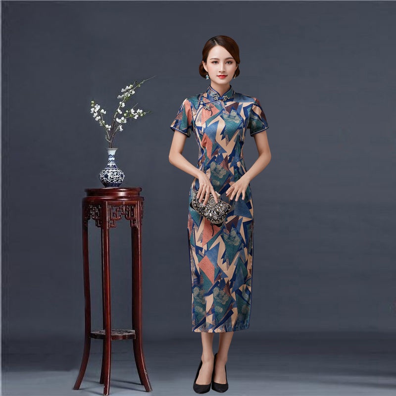 2020 new imitation silk cloud gauze short sleeve long fashion stage performance clothing women's Ret