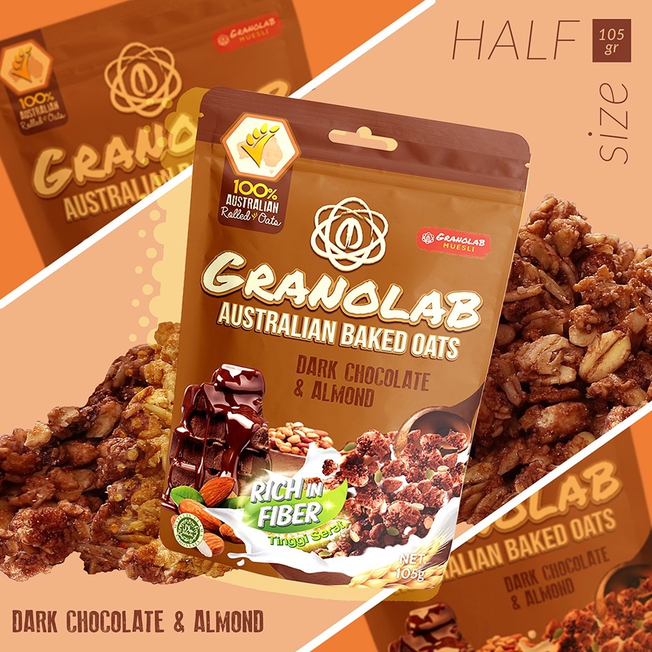 Granolab Dark Chocolate Almond 105 gram Granola Snack Diet Sehat Tinggi Serat &amp; Protein