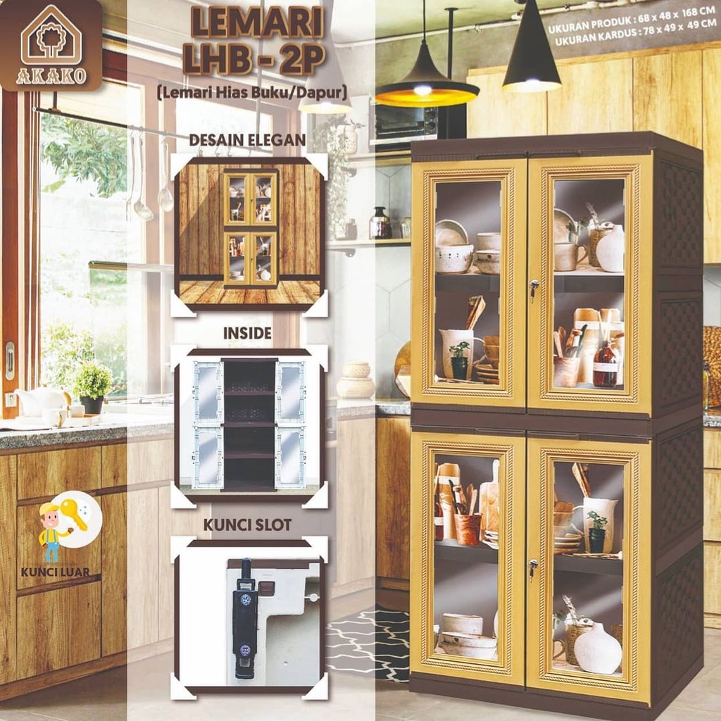 JUMBO LEMARI PLASTIK AKAKO ELEGANT PINTU KACA LHB LEMARI HIAS LEMARI BUKU LEMARI DAPUR KITCHEN SET KACA FULL KUNCI 2LEMARI 2 PINTU LEMARI 4 SUSUN