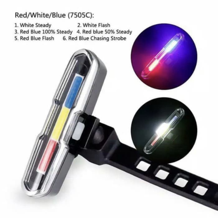 Lampu belakang sepeda 3 led warna merah biru putih usb 5 mode