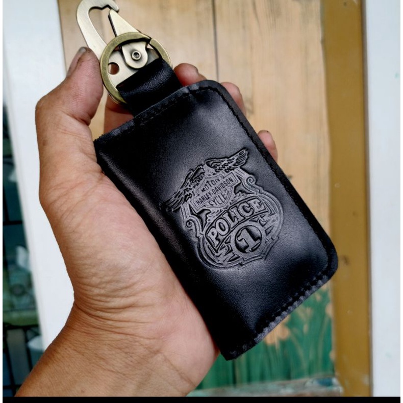 gantungan kunci motor mobil kulit asli 100% universal logo polisi HD - dompet stnk motor mobil kulit