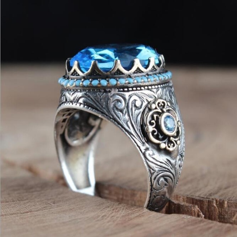 [Cherrye] Cincin Pria Mutiara Biru Safir Fashion Jewelry Kristal Berlian Baja Titanium Perak Antik Rings