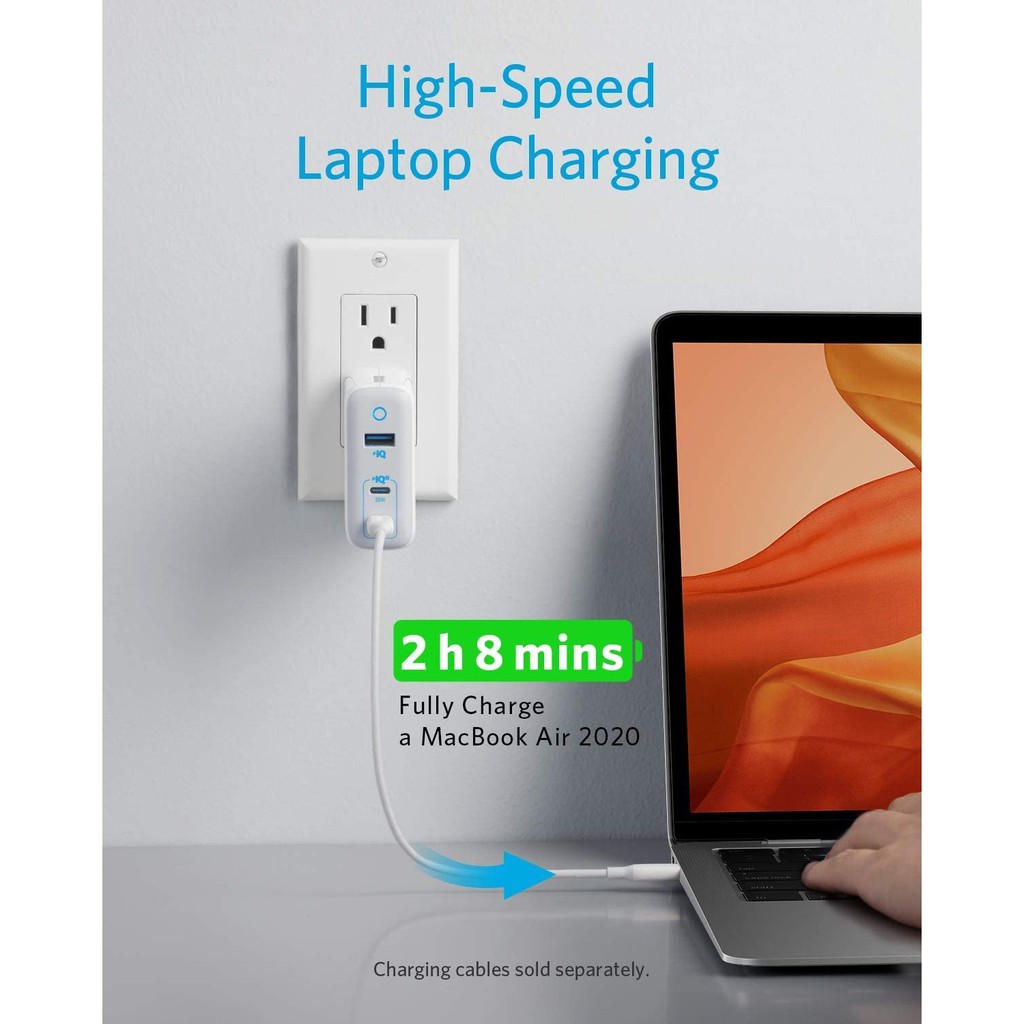 ANKER A2034 - PowerPort III - Wall Charger 3 Port - 65W Max - Charger 3 Port USB-C &amp; USB-A 65W MAX