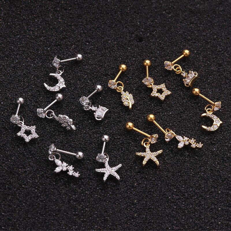 1pc Anting Stud Tindik Tulang Rawan Bentuk Bintang Bulan Mahkota Helix Untuk Wanita