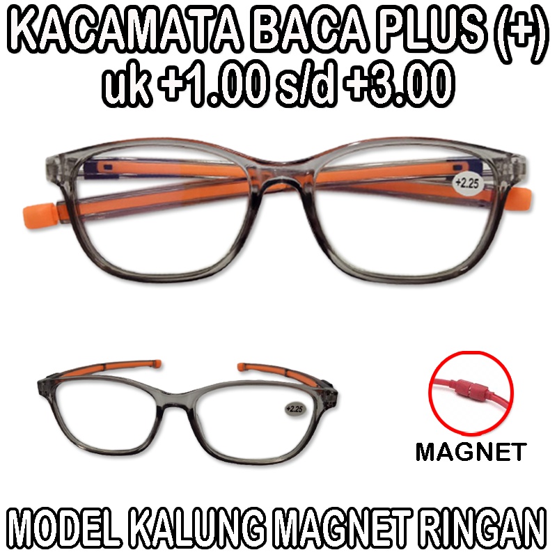 TERBARU!! Kacamata Baca Anti Radiasi Lensa Plus (+) Blueray Kacamata Gantung untuk Pria Wanita +1.00 s/d +3.00 Frame Abu Gagang Magnet Kaca mata Kalung Kacamata Plus Rabun Dekat Reading Glasses Unisex Kacamata Fashion baca / Kacamata Magnet