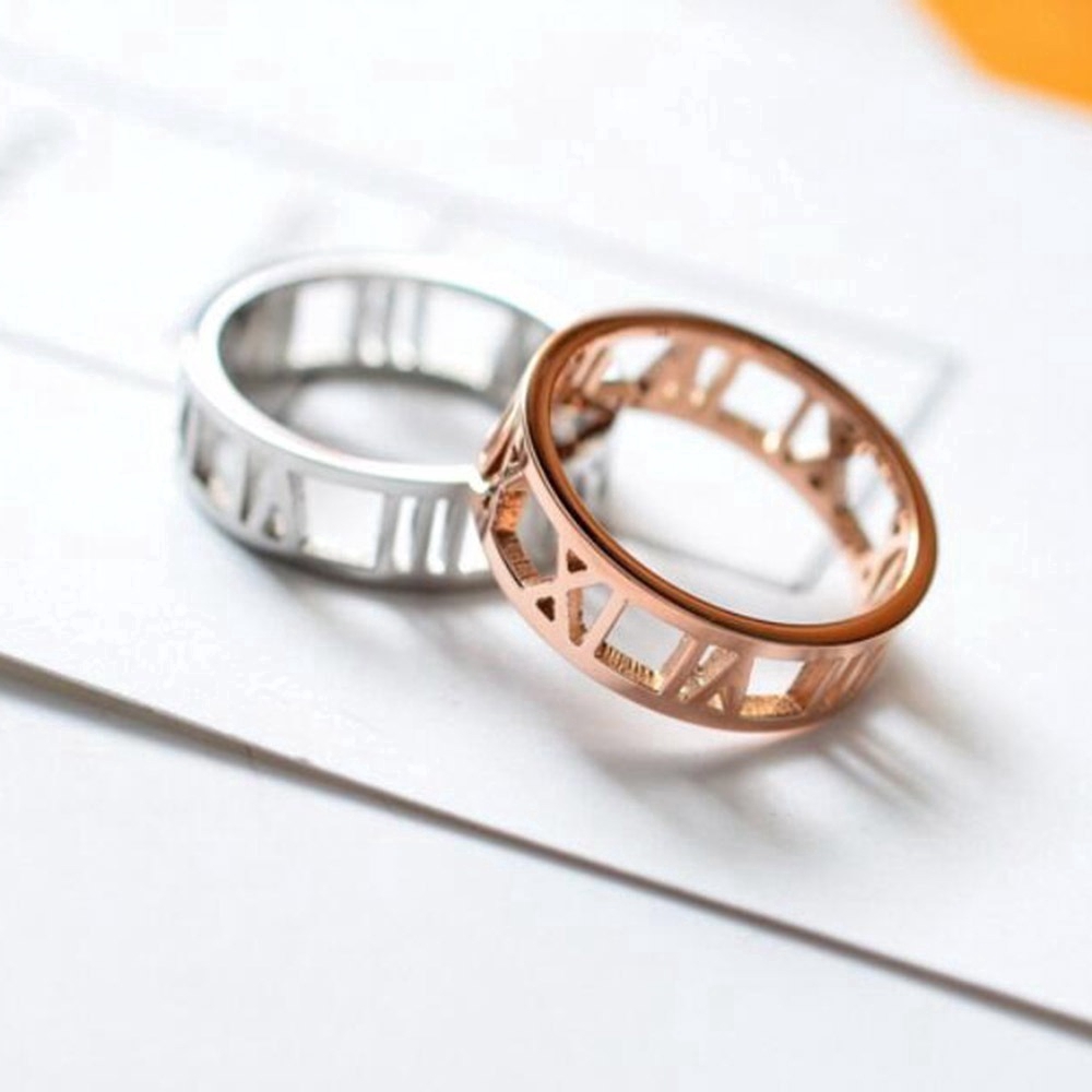 Cincin Pasangan Gaya Sederhana Korea Angka Romawi Pesona Mawar Emas Perak Baja Titanium Pria Wanita Fashion Perhiasan Couple Rings