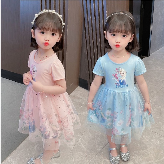 DRESS &quot;FROZEN NEW&quot; LENGAN PENDEK 100-140 LAYER KEMBANG FROZEN ELSA BUNGA TAG FROZEN