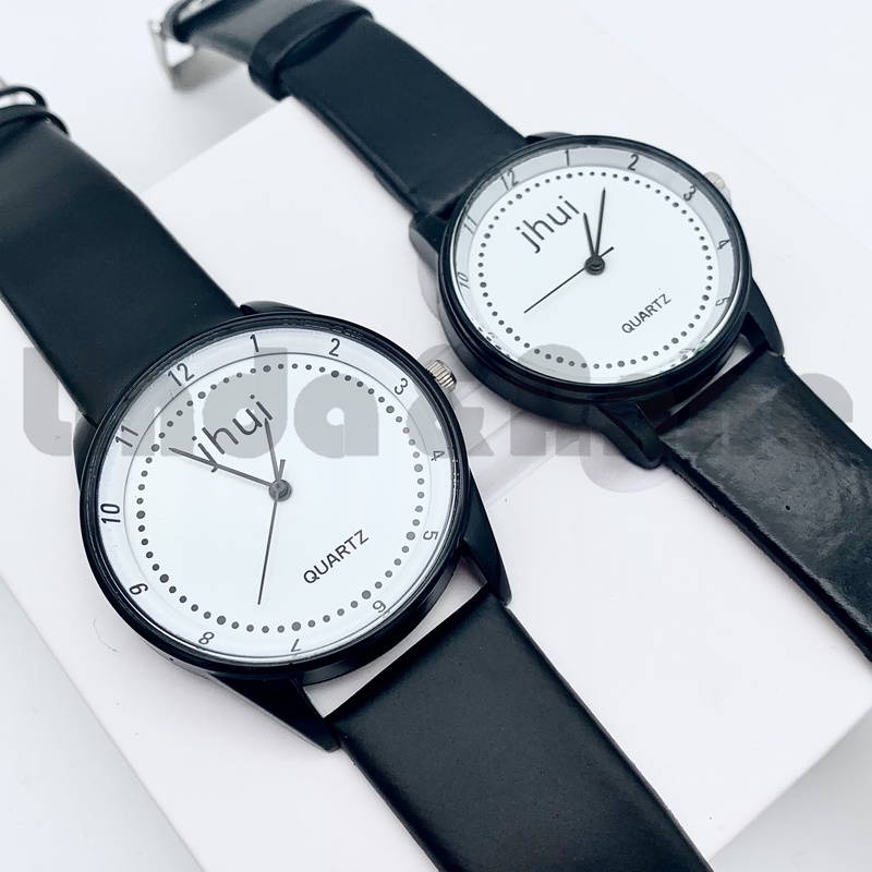 Jam Tangan Jhui Analog Quartz Pria Dan Wanita Strap Pu Hitam Casual Import