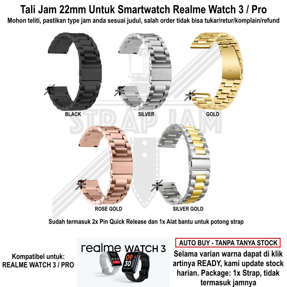 Tali Jam Realme Watch 3 / Pro 2022 - Strap 22mm Stainless Steel Bukan Hollow