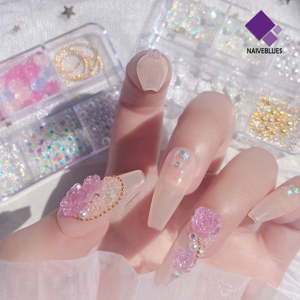 Naiveblue &gt; 6 Sekat / Kotak Hiasan Kuku Bentuk Bunga Kamelia / Aurora / Mutiara Putih Untuk Nail Art Wanita