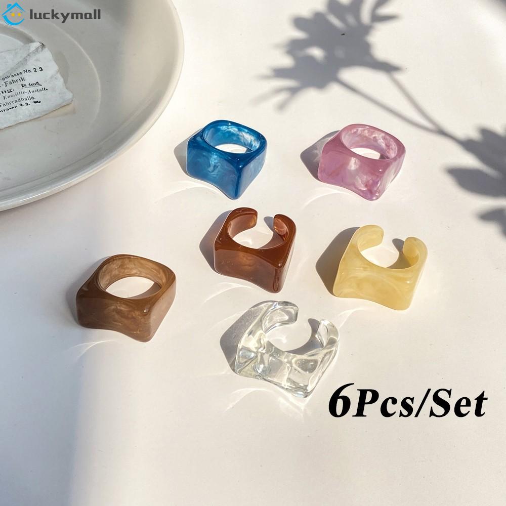 6pcs / Set Cincin Bentuk Geometri Bahan Resin Warna-Warni Gaya Korea Untuk Hadiah