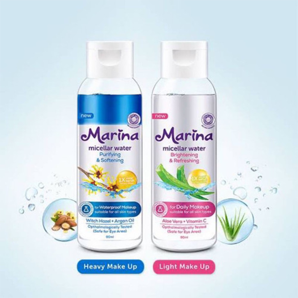 ❤ UNDER100 ❤ MARINA Micellar Water Brightening &amp; Refreshing | Purifying &amp; Softening | 90ml | Pembersih Make Up Waterproof | BPOM