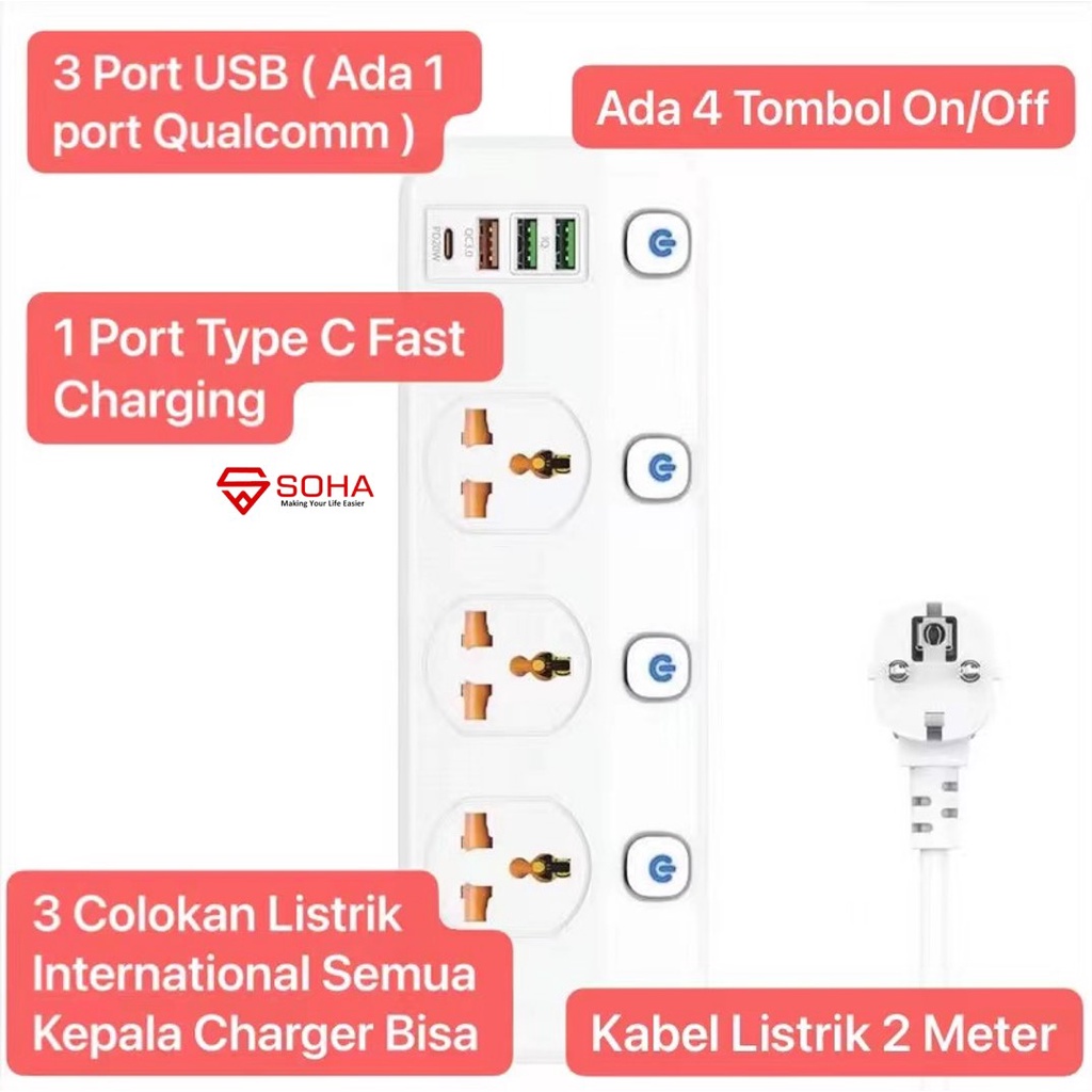 SOHA BKL-123 Hitam Stop Kontak / Power Socket Timer Ada 4 USB Port 3.4A