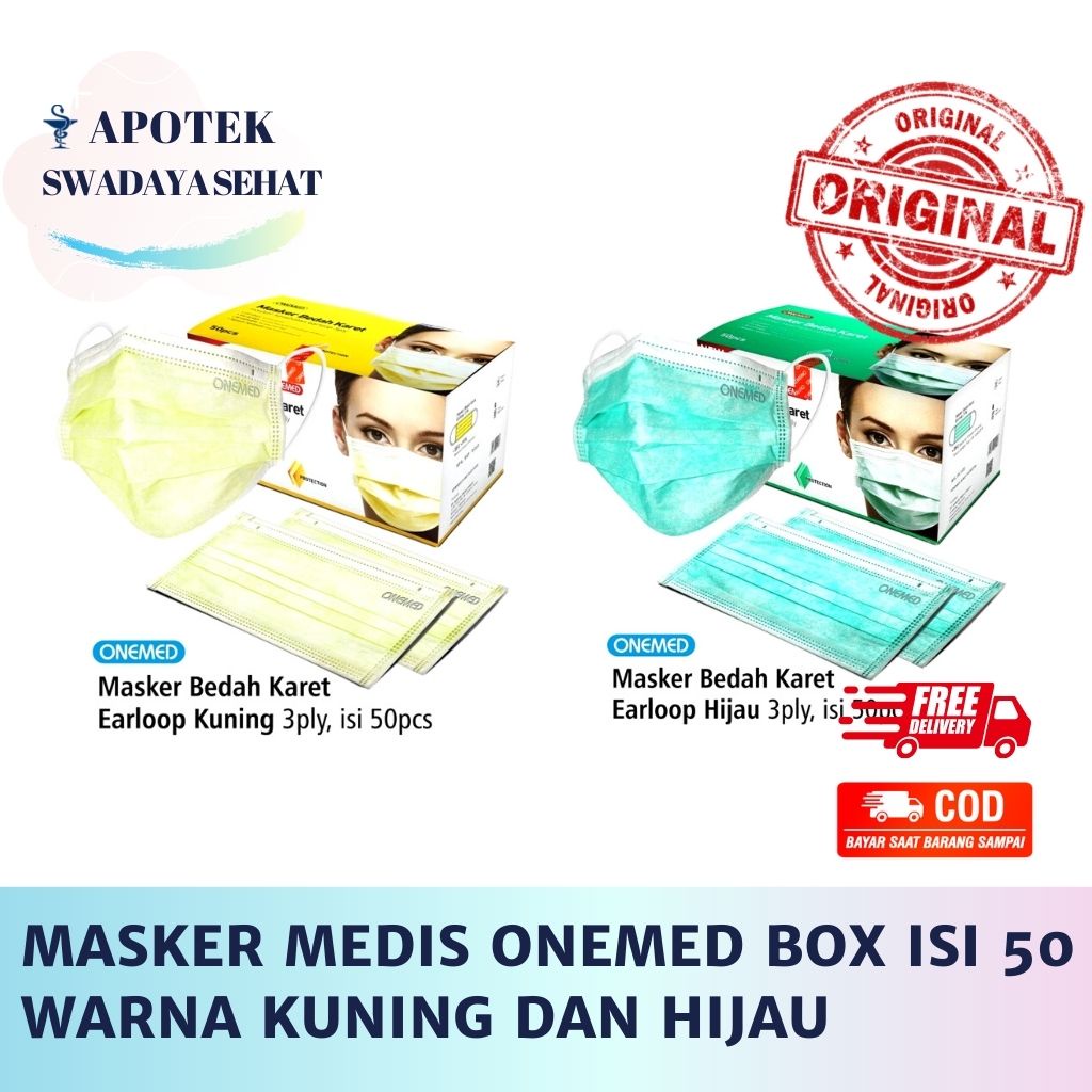 MASKER ONEMED Medis Box 50 Pcs 3Ply Bedah - Kuning, Hijau 3 Lapisan Earloop