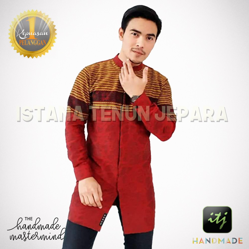 Baju Koko Pria / Kemeja Koko Lengan Panjang / Atasan Muslim Tenun Ikat Troso Merah