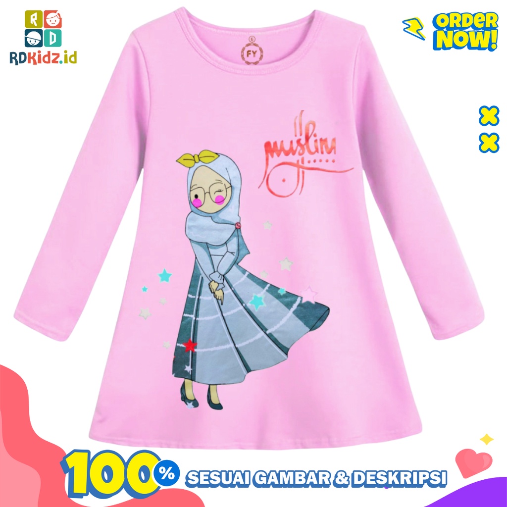 Rdkidzid Tunik Anak Perempuan Dress Anak Kaos Daster Anak Cewek Motif Muslim 1-12th