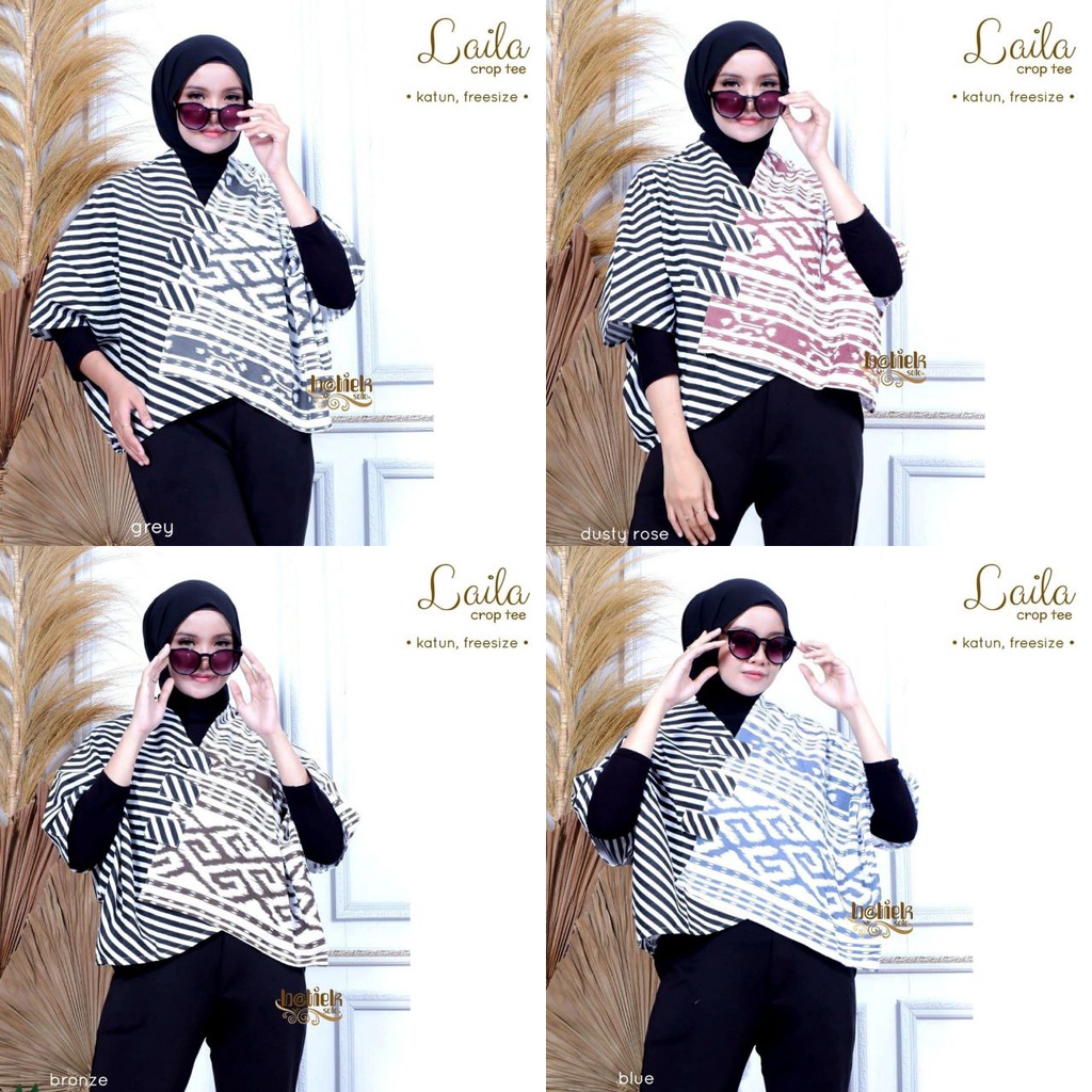 Blus Laila Croptop Salur Kombinasi Tenun Batik Monochrome Atasan Kerja Wanita Kondangan Batwing V-Neck Seragam Cewek Pastel Murah Katun Blouse Crop Casual