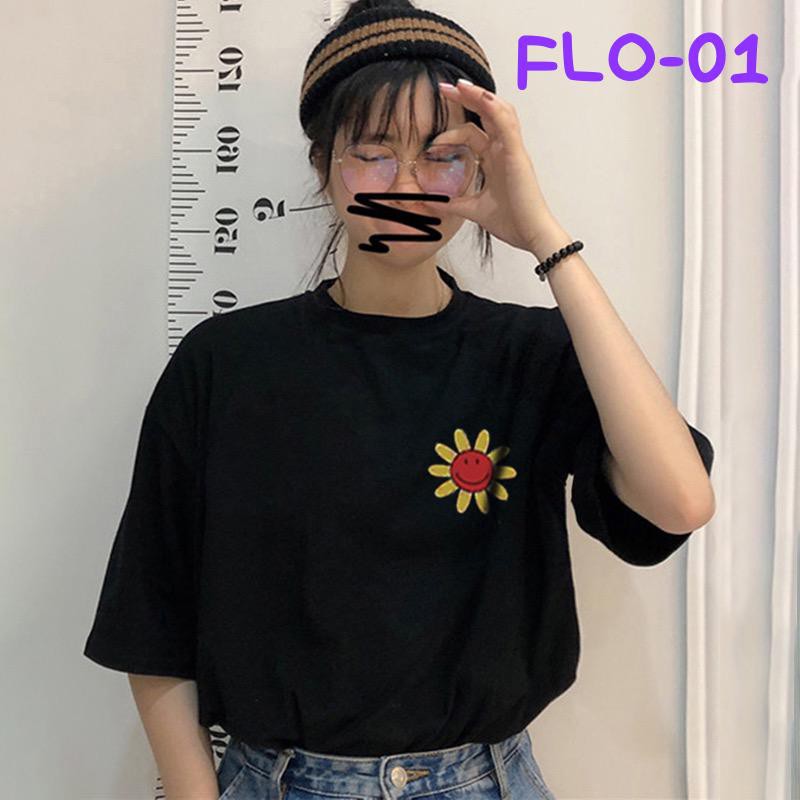 Oversize Tee Tshirt   Wanita Model Longgar Motif Bunga Smile Depan Belakang (FLO-01)