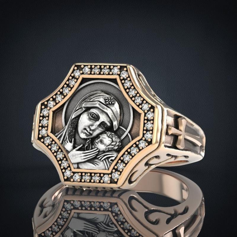 Cincin Desain Salib Virgin Mary Aksen Zirkon Gaya Vintage Untuk Pria