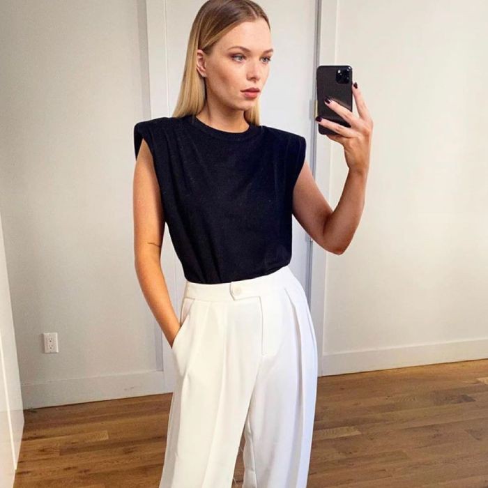 T105 Atasan kaos wanita cewek shoulder Muscle padded Tshirt