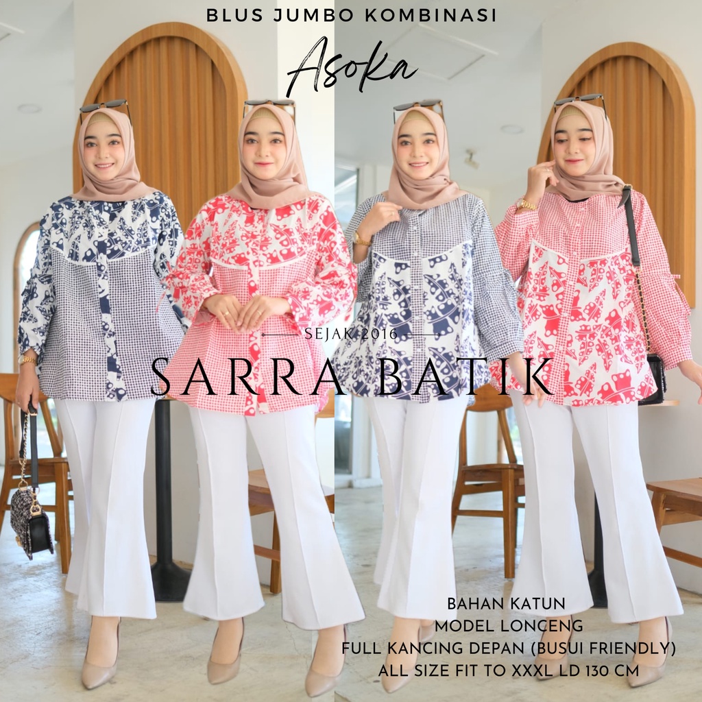 Blus Jumbo Kombinasi Asoka Batik Lonceng Kombi Batik Modern Casual Kerja Kantor Muslim Pesta Big Size Pesta Kondangan Kuliah