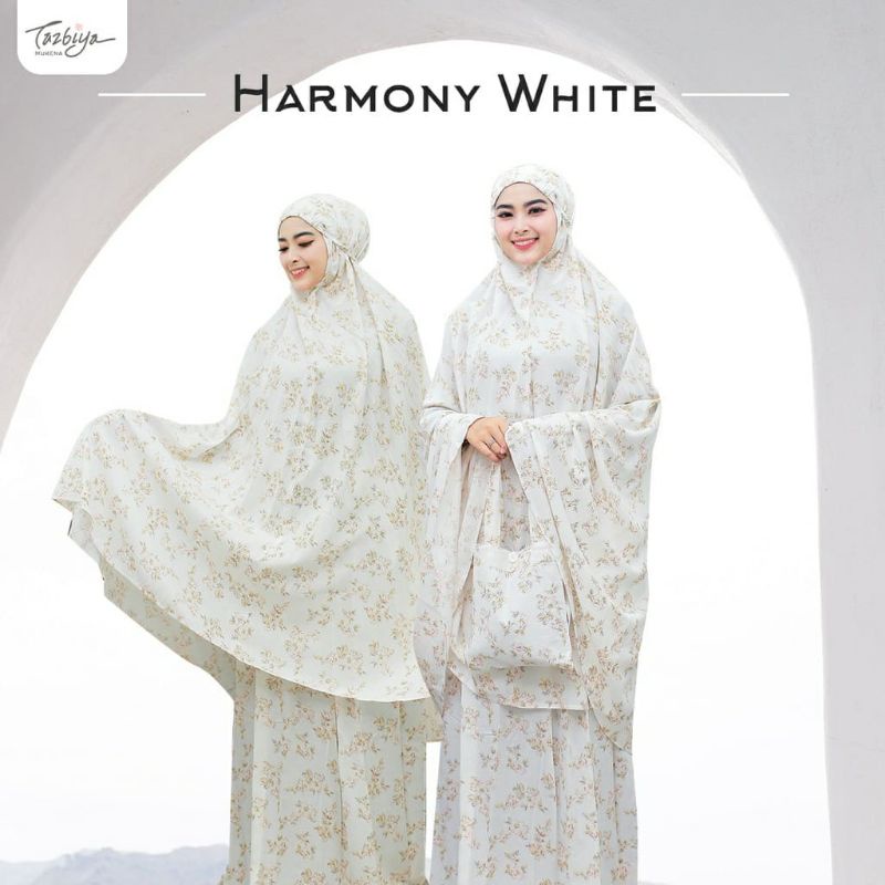 Mukena Tazbiya Harmony White Allsize Jumbo Dewasa Katun Rayon Adem Motif Cantik Treveling