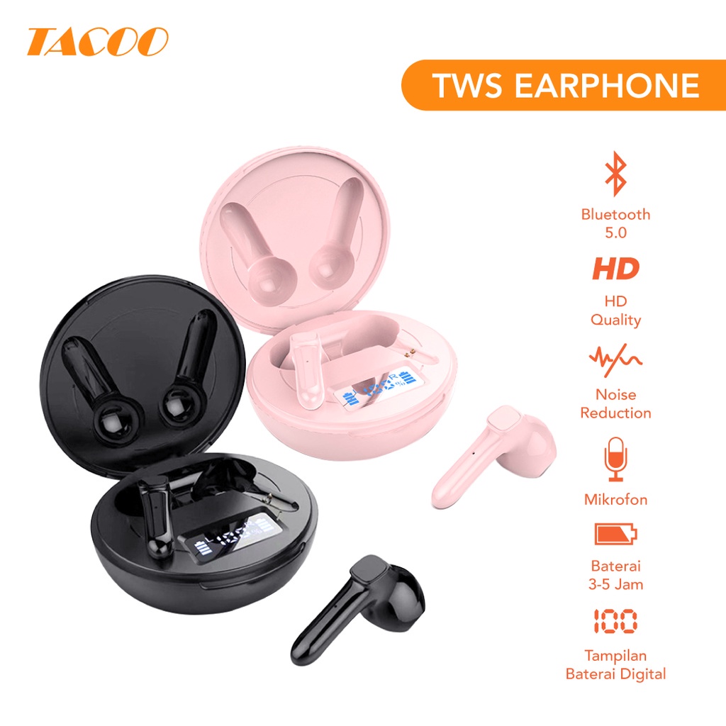 TACOO - TWS J63 Wireless Earphone Bluetooth 5.0 Deep Bass Digital Noise Reduction LED Battery Displa