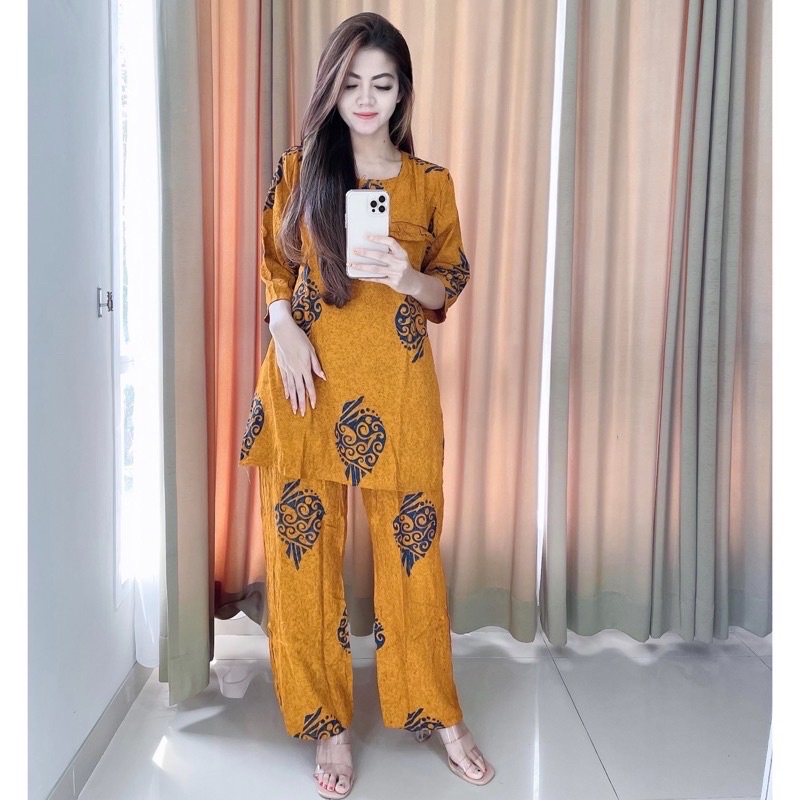 PIYAMA BATIK CAP SETELAN CELANA PANJANG-Kuning