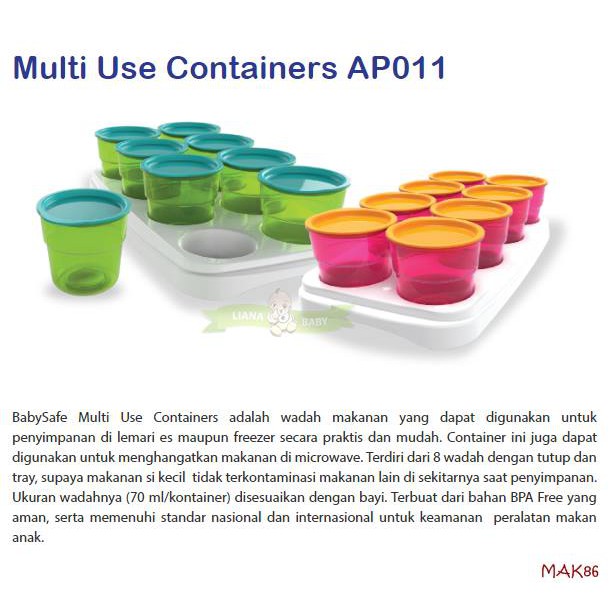 MAK86 BABY SAFE MULTI USE CONTAINERS AP011 UKURAN 70ML ISI 8 PCS TEMPAT PENYIMPAN MPASI / CUBE