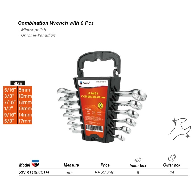 Kunci Ring-Pas Set 6pcs 8, 10, 12, 13, 14 &amp; 17mm COMBINATION WRENCH Konci Ring Pas Set