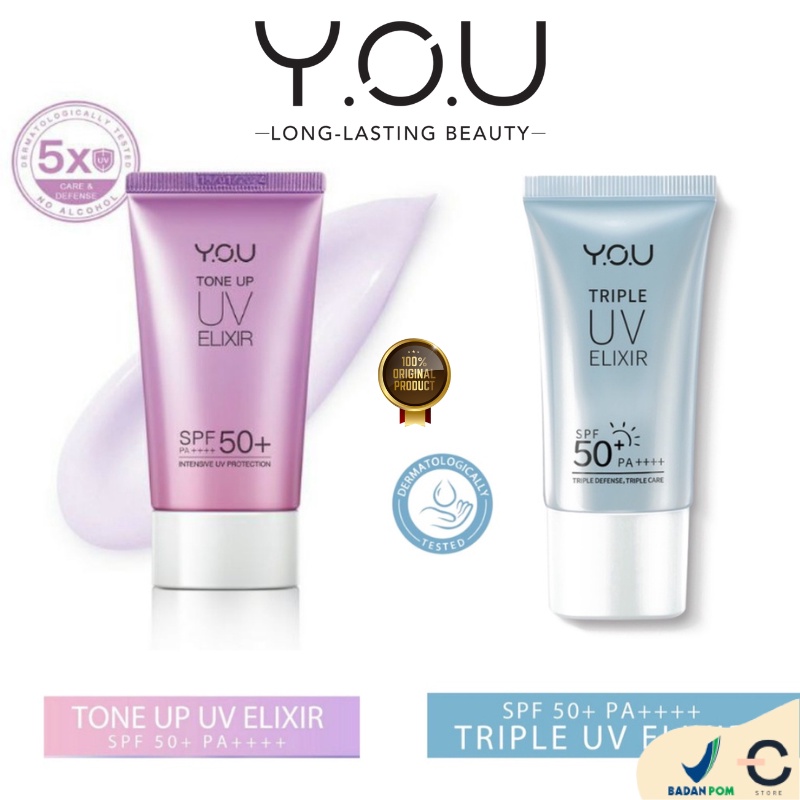 [ORI BPOM] YOU Tone Up UV Elixir SPF 50+ PA++++ 40ml | YOU Triple UV Elixir SPF 50+ PA++++ 30 ml [UVA UVB Blue Light Protection | YOU Sunscreen | Sunscreen YOU Makeups