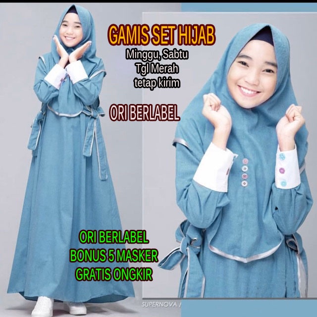 Gamis Anak Set Hijab Baju Muslimah umur 8 9 10 11 12 13 14 tahun Pakaian Perempuan Terbaru Ongkir