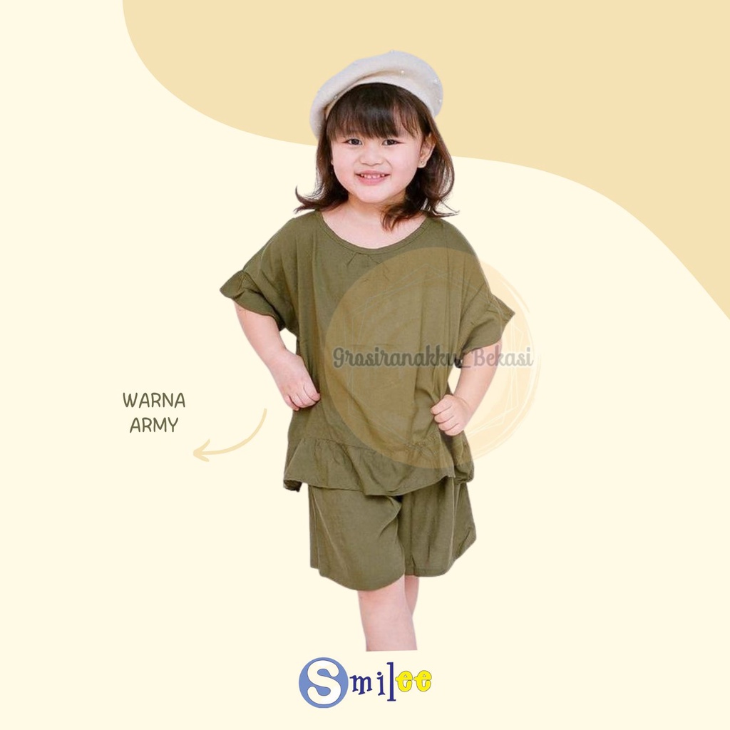 Setelan Anak Rayon Pendek Smilee Polos Freya Warna Hijau Army Size 1-5Tahun