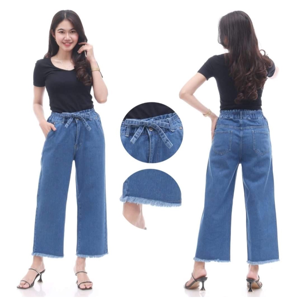 FS - Jean Kulot Rawis - Celana Jeans Kulot Wanita Terbaru - Kulot Pinggang Karet dan Tali